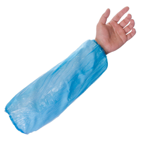 Blue PE disposable oversleeves with elastic ends, ideal for food handling and wet work protection.