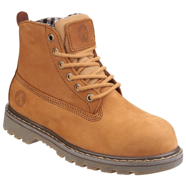Black leather Amblers FS103 safety boot with yellow stitching, front-angled view.