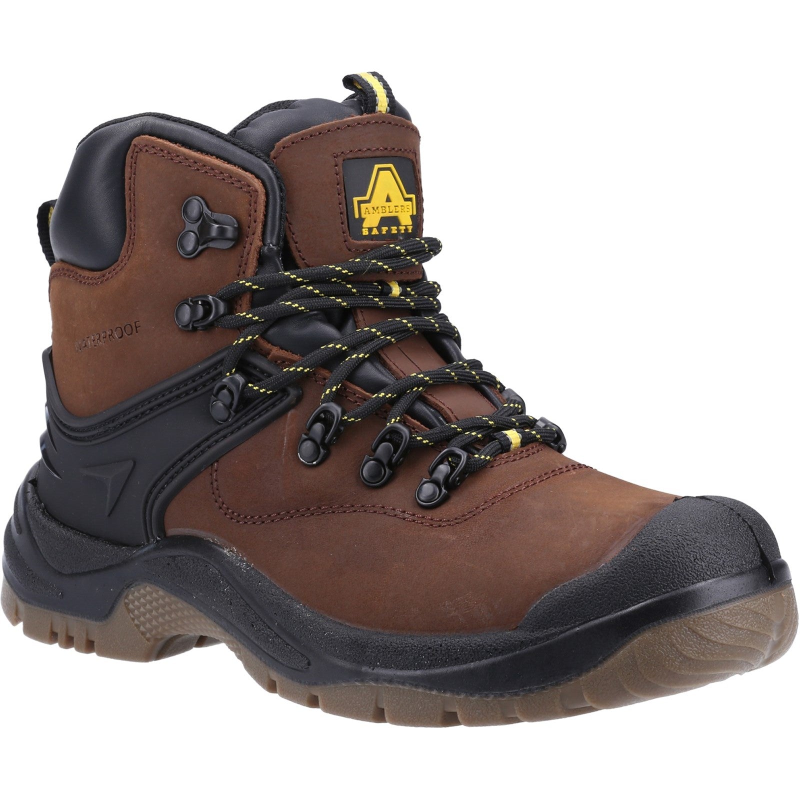 Front view of the brown Amblers FS197 lace-up safety boot.