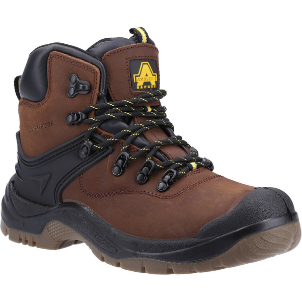 Front view of the brown Amblers FS197 lace-up safety boot.