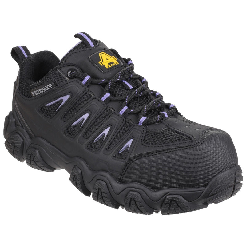 Amblers AS708 ladies' safety trainer, non-metal and waterproof, in black and pink.