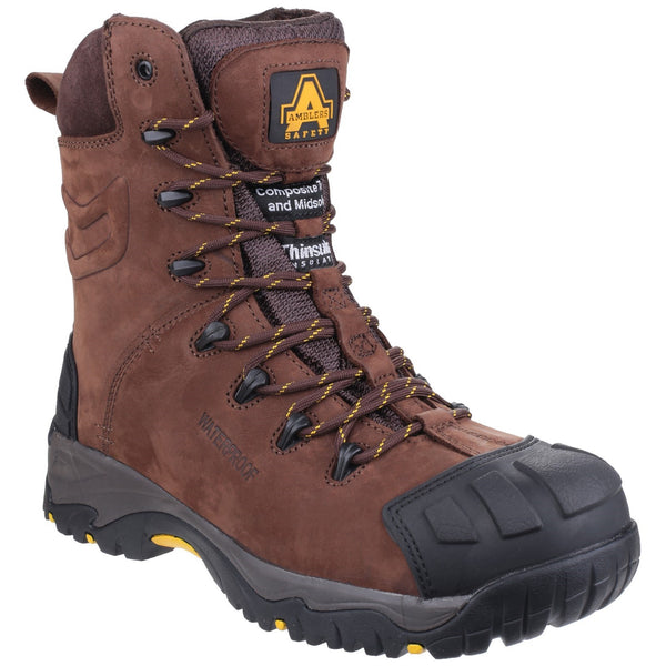 Three-quarter view of the Amblers AS995 Pillar hi-leg safety boot in black.