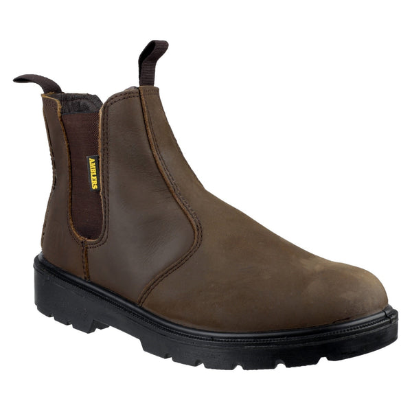 Amblers FS128 hardwearing pull-on safety dealer boot in brown leather.