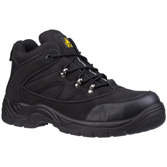 Amblers FS151 vegan-friendly safety boots in black, angled view.
