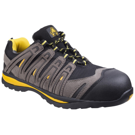 Amblers FS42C safety trainer, black with yellow accents.
