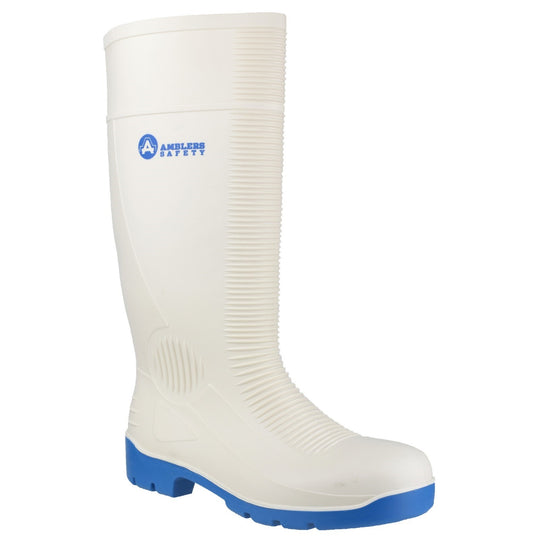Amblers FS98 steel toe food safety wellington in white.