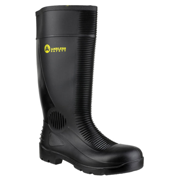 Amblers FS100 construction safety wellington in black with yellow sole.