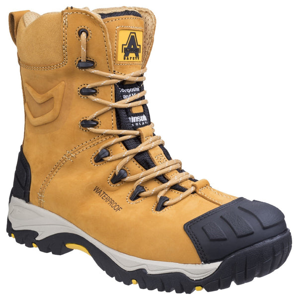 Amblers FS998 safety boot in brown, angled view.
