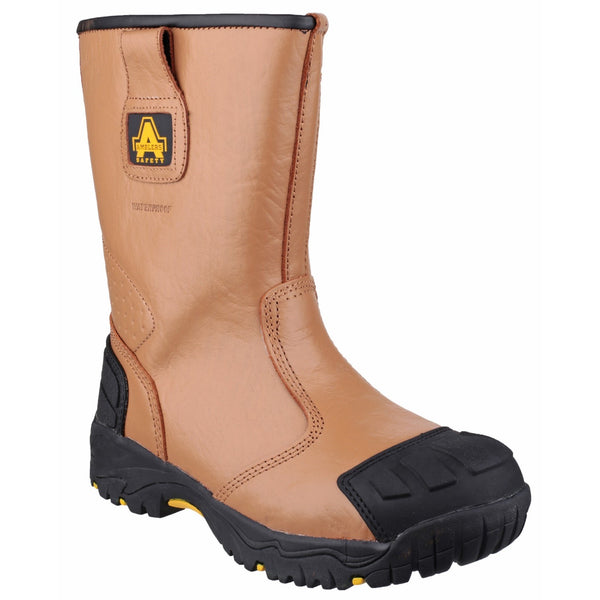 Amblers FS143 waterproof pull-on safety rigger boot in tan, three-quarter view.