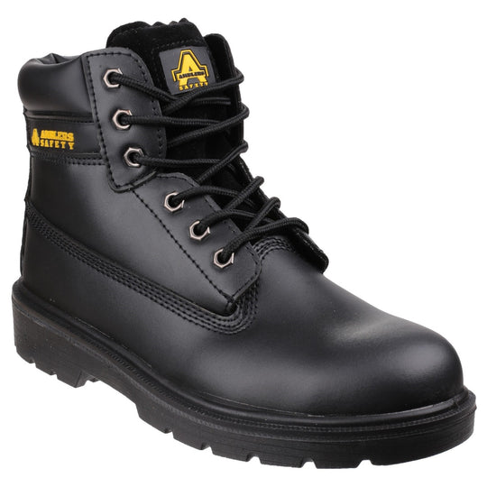 Amblers FS112 safety boot in black with a rugged design, angled front view.