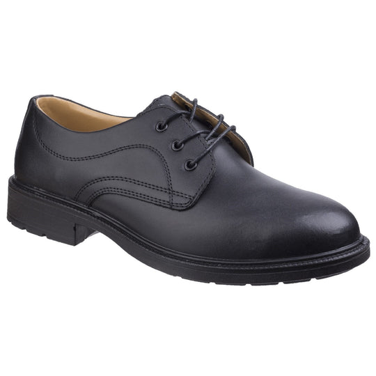 Amblers FS45 safety shoe in black, classic formal design, angled view.