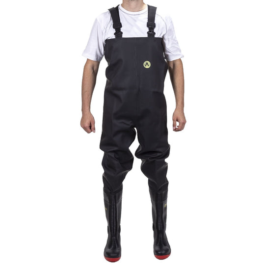Full view of the Amblers Danube chest safety wader in green.