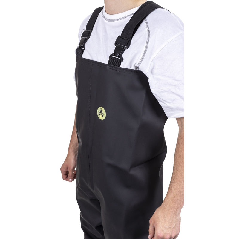 Upper section detail of the Danube chest safety wader with straps.