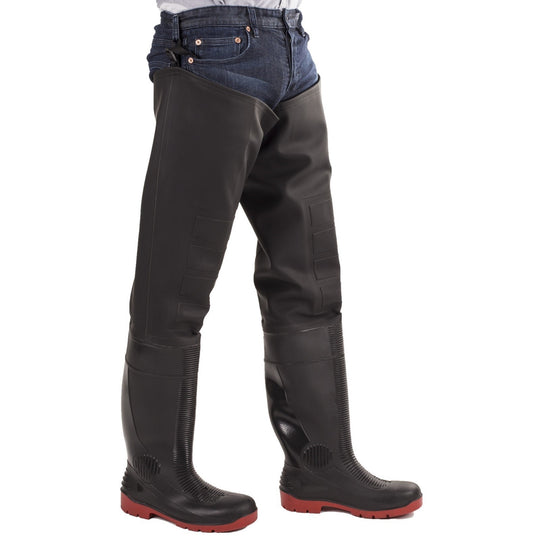 Amblers Rhone thigh safety wader in green, full length view.