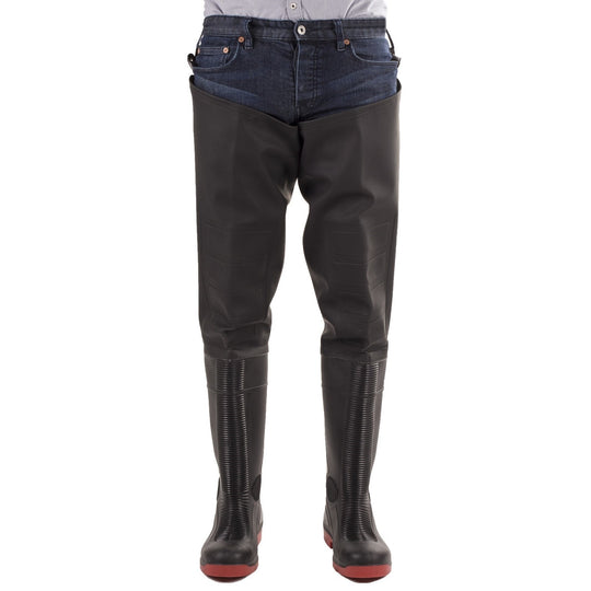Close-up of the safety boot and lower leg of the Amblers Rhone thigh wader.