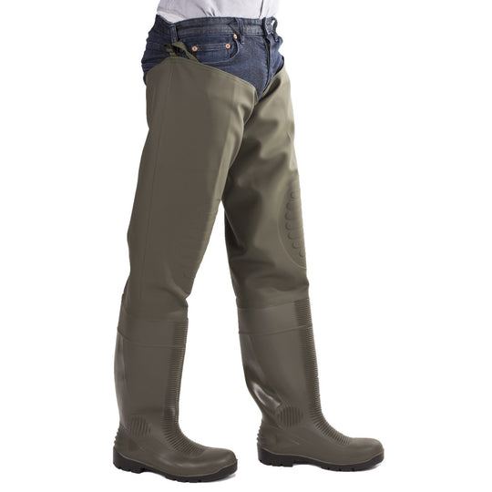 Amblers Forth thigh safety wader in green with black boot.