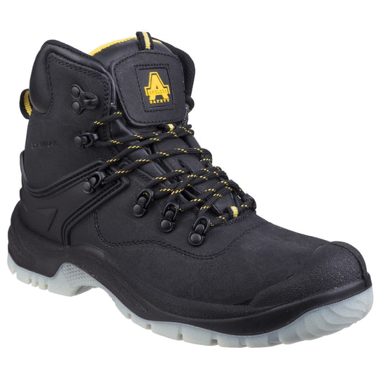 Black Amblers FS198 safety boot with red accents, angled view.