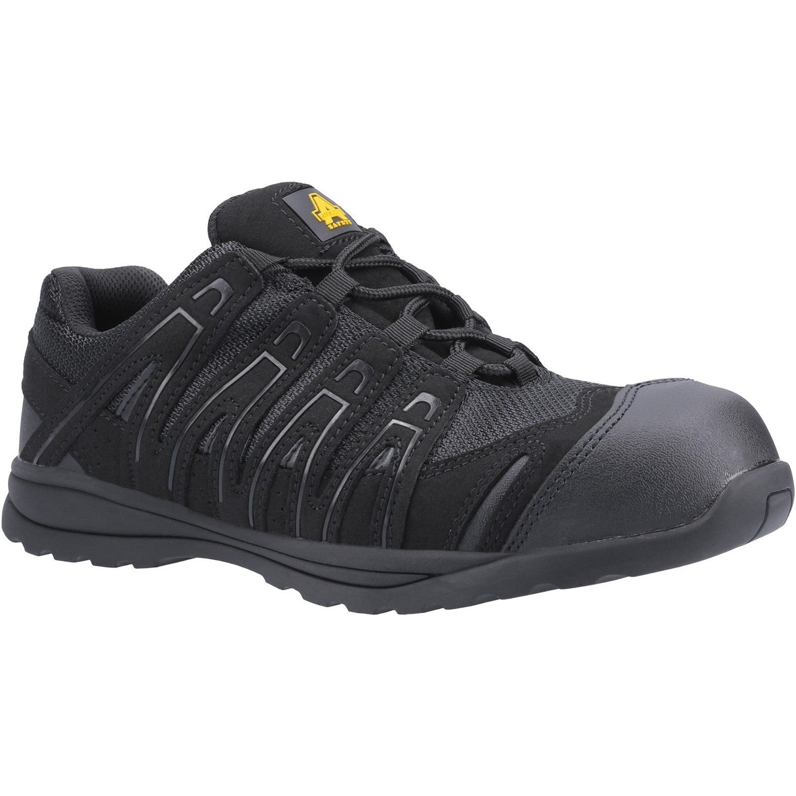 Amblers FS40C safety trainer with composite toe cap, black with blue accents.