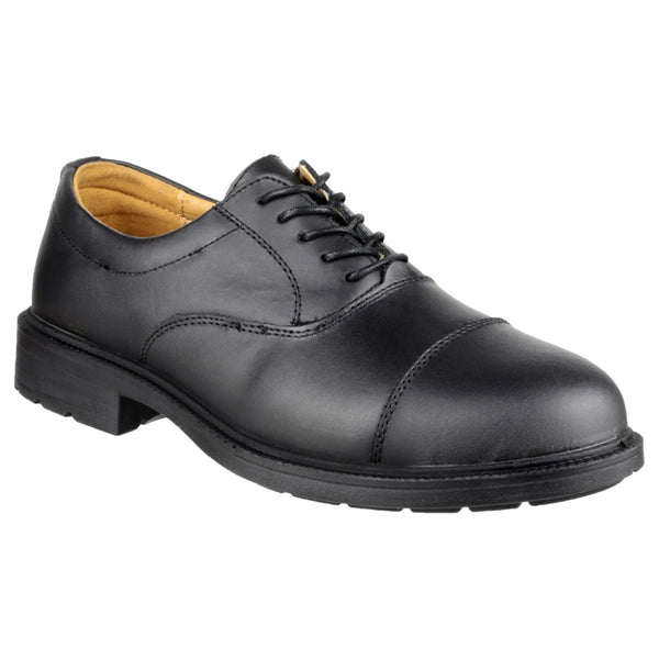 Clean studio shot of the black Amblers FS43 work safety shoe.