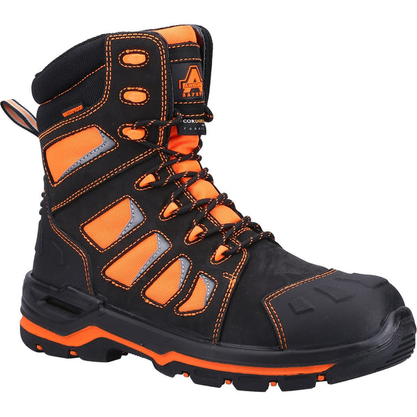 Amblers Beacon safety boot in high-visibility orange, front view.