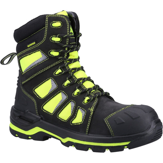 Amblers Beacon safety boot in high-visibility yellow, front view.