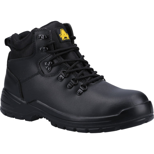 Amblers 258 safety boot in black with a rugged sole, three-quarter view.