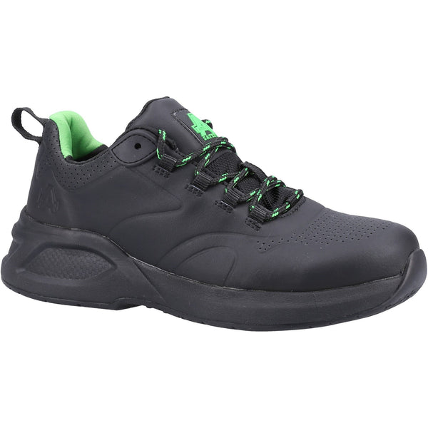 Amblers 612 safety trainers in black with light green sole.