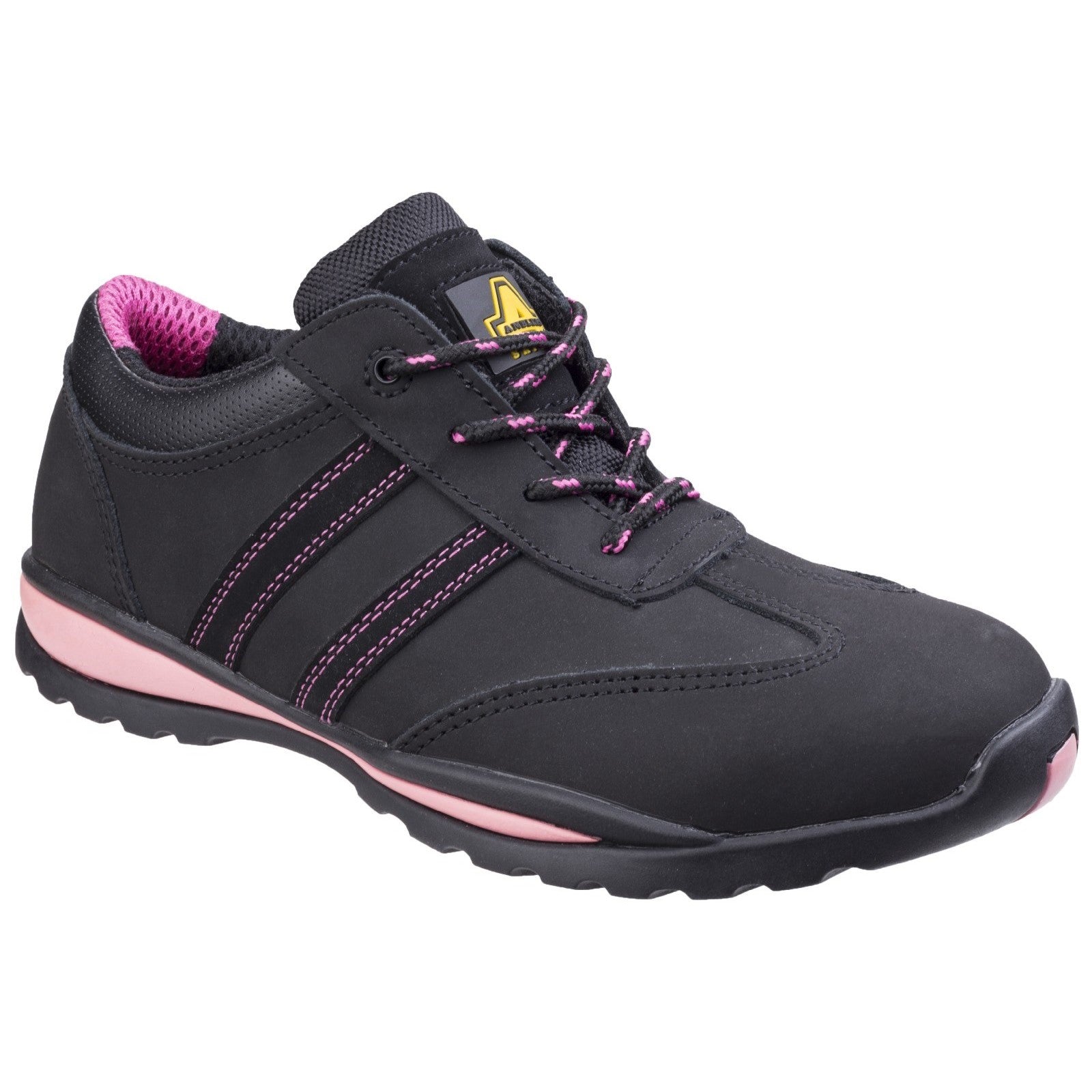 Amblers FS47 safety trainer in grey and black with pink details.