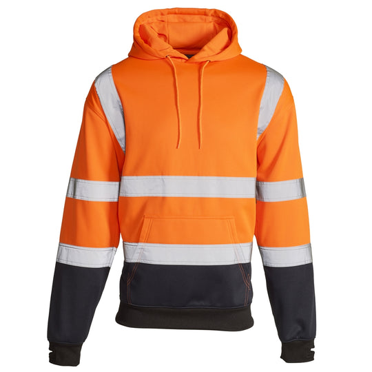 A comfortable and warm Supertouch Orange Hi Vis 2 Tone Hooded Sweatshirt for worksite use.
