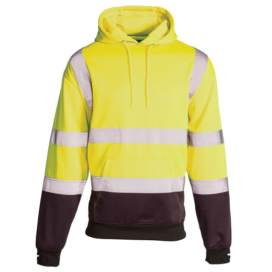 A comfortable and warm Supertouch Yellow Hi Vis 2 Tone Hooded Sweatshirt for worksite use.
