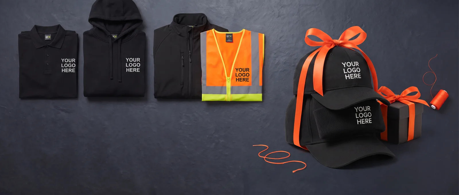 Mixed workwear with your logo, plus a free cap, beanie and gift tied with orange ribbon