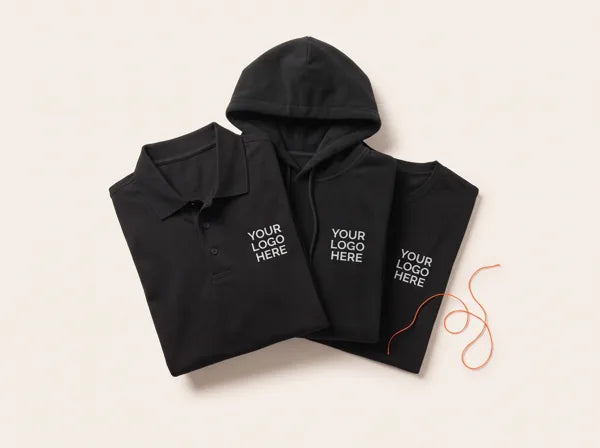 Polo, hoodie and t-shirt, each with your logo